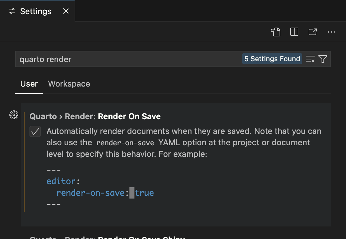 The VS Quarto render settings. The Render on Save option is checked.
